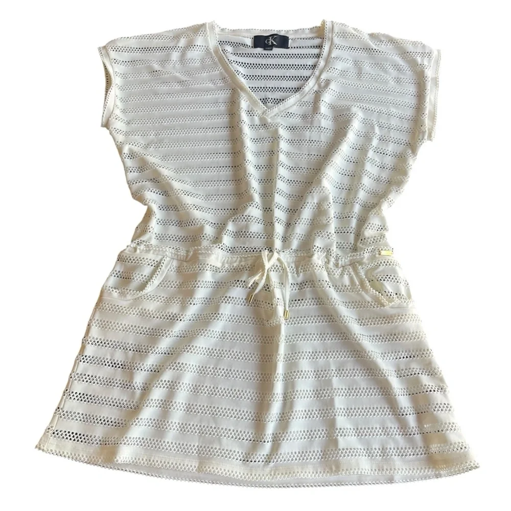 Calvin Klein mesh stretch swimsuit cover up size large cream colored beachwear